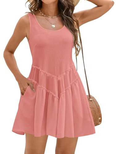Satohom Vestido Verano Mujer Sin Mangas de Playa Cuello Redondo con Bolsillos Tallas Grandes Midi Algodón Suelto Color Sólido Boho Casual Elegante T-Shirt