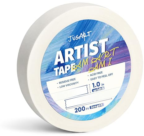 JusArt Künstlerklebeband für Aquarellpapier, 2,5 cm breit, 61 m lang, weißes Klebeband zum Abkleben, Einrahmen und Malen, säurefrei, schwach klebend