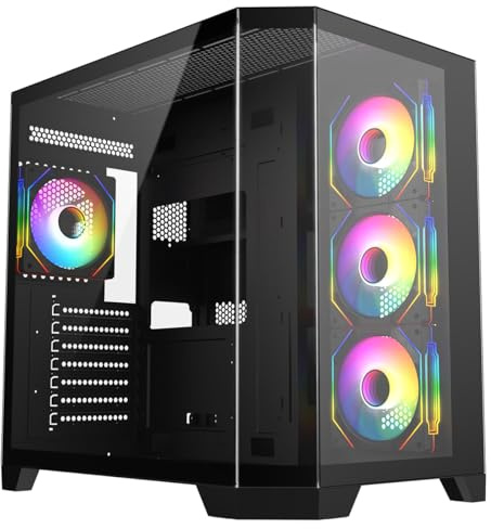 CiT DS360 Gaming PC Case ATX Mid Tower, 4 ARGB Fans, Computer Case, Black | Panoramic dual-chamber ATX mid tower gaming case with 4 ARGB fans, a 360mm radiator mount and space for up to 10 fan slots