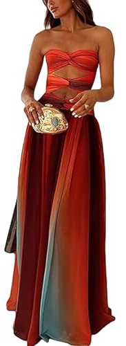 SANSIWU Trägerloses Maxikleid mit Blumenmuster, Y2K, schulterfrei, rückenfrei, Bandeau-Kleid, langes Kleid, Vintage, figurbetont, Blume, Urlaub, Sommerkleid