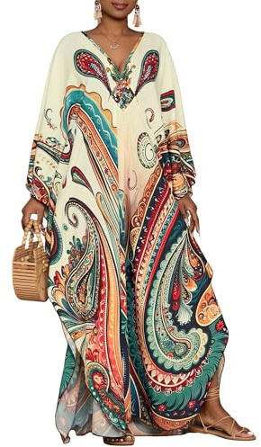 Bsubseach Kaftan klänningar för kvinnor etniskt tryck plus size strandskydd fladdermusärm kaftaner med fickor, BEIgE, one size