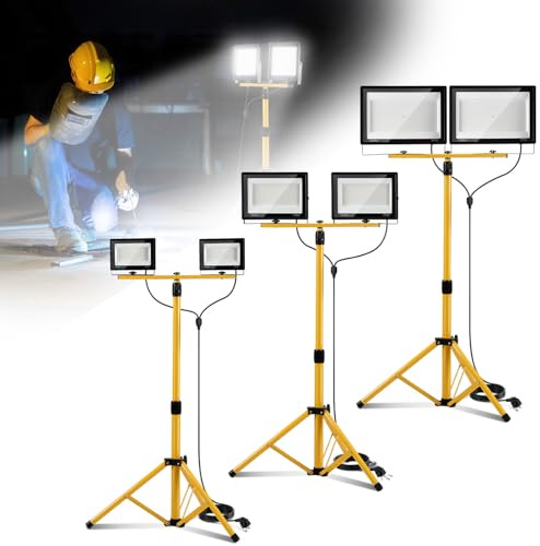 Eikuavons Baustrahler LED mit Stativ einstellbar, 4 x 50W Baulampe mit 3m Netzkabel, 6500K IP66 Wasserdichte Arbeitsstrahler für Baustelle, Werkstatt oder Keller, Innen & Außen