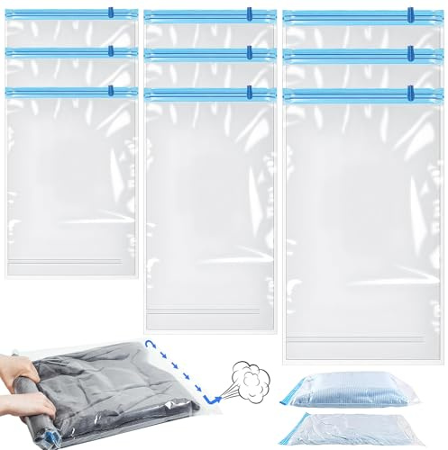 Aurafly 9 Pack Roll Up Vacuum Bags, 3 Size Vacuum Storage Bags, Space Saver Bag for Travel, Reusable Storage Packing Bag for Suitcases, No Pump Or Vacuum Needed