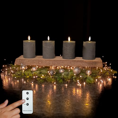 INSPINOVIA LED Echtwachs Kerzen 4er Set mit Fernbedienung & Timer | Weihnachtskerzen | Ideal für Adventskränze | Weihnachtsdeko | Adventskerzen (Grau, 4er Set | 10 cm)