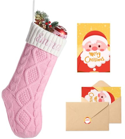 Loosusu Personalised Christmas Stockings with Christmas Cards,Custom Embroidered Name White Pink Christmas Stocking for Baby Kids Girl Family,18 Large Cable Knit Xmas Stockings for Fireplace