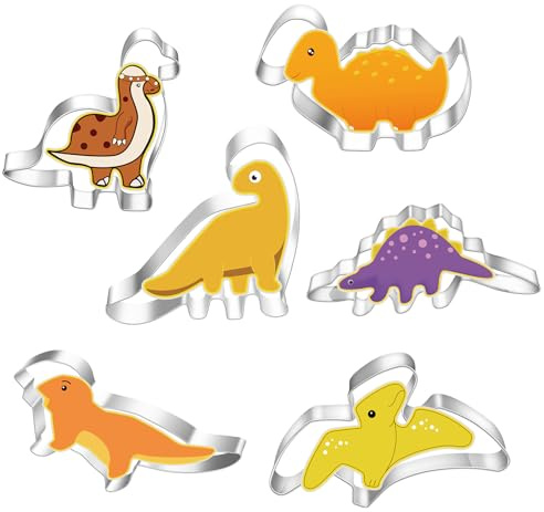 Fsahiuf 6 moldes de dinosaurios de acero inoxidable, cortadores de galletas de dinosaurio grandes, para manualidades, fondant, masa de galletas, cortadores de galletas, juego para niños, cumpleaños