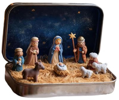 Harilla Krippenfiguren Set, Mini Weihnachtskrippe Set in Blechdose, Handbemalt Krippe Weihnachten mit Jesus Figur, Klein Krippenfiguren Nativity Scene Gifts Tin für Weihnachtsdeko & Geschenke