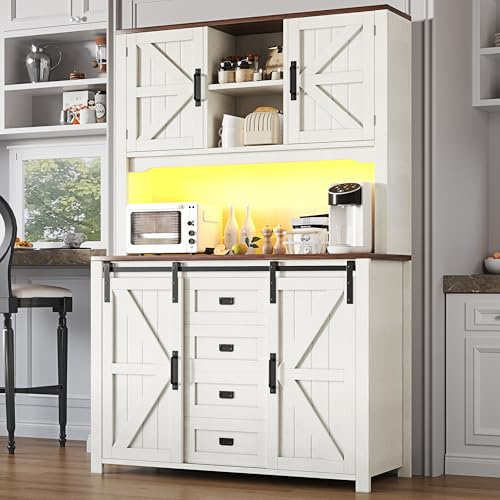 SACOOL Armarios de cocina con puertas correderas e iluminación LED 115 × 40 × 174,7 cm, alta cocina aparadores, negro/blanco
