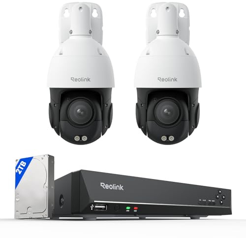 Reolink Smart 4K/8MP UHD PTZ Dome Überwachungskamera Aussen mit revolutionären 16X optischem 3D-Zoom, Farbnachtsicht, Smarte Erkennung, Zwei-Wege-Audio, 24/7 Aufzeichnung, RLC-823S2*2 mit NVR RLN8-410