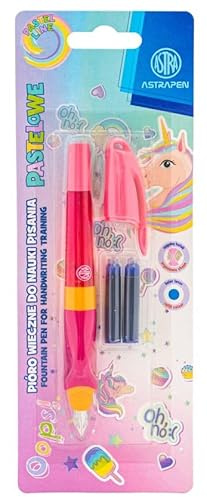 ASTRAKIDS Stylo-plume, bleu, apprentissage de l'écriture, plastique, pointe iridium, poignée triangulaire ergonomique, 1 stylo + 2 cartouches, ASTRAPEN UNICORN