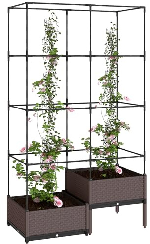 Outsunny Jardinera con Enrejado Metálico, Jardinera Exterior Grande para Plantas Trepadoras, 2 Macetas de PP con Orificios de Drenaje, Tapones, Macetero Elevado para Jardín Patio, 100x50x174 cm, Negro