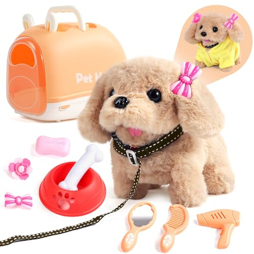 Rtomry Jouet Chien Interactif Enfant - Chien Robot Qui Marche et Aboie | Jouet Enfant 2 3 4 Ans Fille Garçon - Peluche qui Marche, Mallette de Transport, Laisse, 12 Accessoires - Idée Cadeau