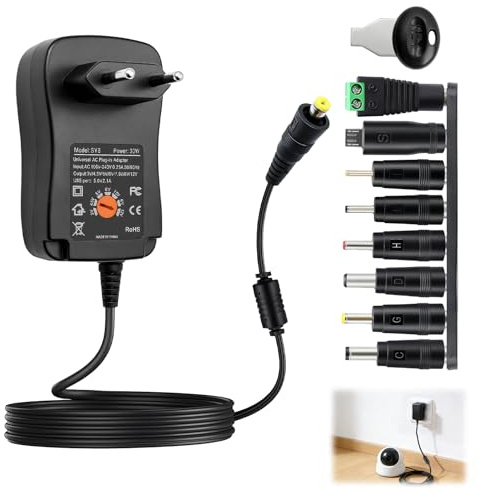 Adaptador Corriente Universal 30W 3V a 12V AC DC con 8 Conectores, 3V 4.5V 5V 6V 7.5V 9V 12V AC/DC Cargador Portátil Cargador Multivoltaje para Router, Tiras LED, Cámara CCTV, Radio 2A MAX