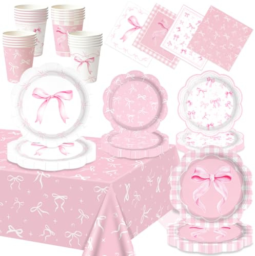 Decorazioni per feste con fiocco rosa, stoviglie per feste, piatti da cena, piatti da dessert, bicchieri, tovaglioli, cannucce per coquette ragazza, decorazione per feste di compleanno, 20 pezzi