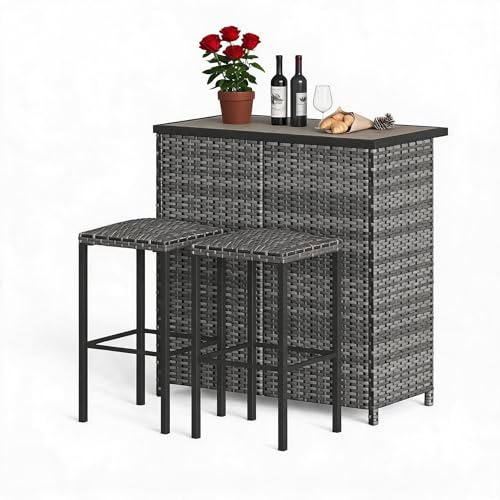 OPULENTHOME Garten-Bar-Set aus Polyrattan, Bartisch aus Rattan mit 2 Stühlen, Stehtisch, Garten-Bartisch mit 2 Regalen, grau