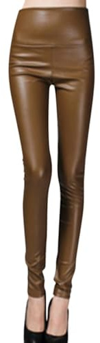 Damleggings i fuskläder, läderbyxor, PU-läder med hög midja, tights, treggings, falsk termisk fleece fuskvinterleggings, matt läder legging, Brun, XXL