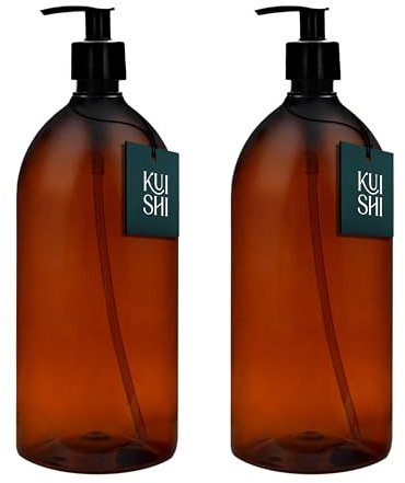 Kuishi Brown Amber Plastic Bottles with Pump Dispenser, BPA-Free Plastic Pump Bottles, Empty Pump Dispenser Bottles for Handwash, Lotions, Shampoo, Conditioner, Shower Gel. (1000ml x 2)