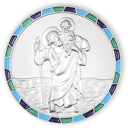 FRITZ COX Christophorus Autoplakette mit Mosaikrand | blau | – Ø 3 cm | mit Magnet & 3M-Kleber – Schutzpatron der Reisenden – auf Geschenkkarte zum Beschriften – fürs Auto, Wohnmobil, Motorrad