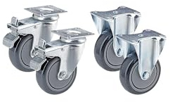 Proroll | Gummireifen thermoplastisch | Set-Angebot, 2 x Lenkrolle mit Doppelstopp und 2 x Bockrolle, Montageplatte, Rad-Ø x Breite 75 x 25 mm