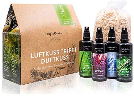 AllgäuQuelle® Bio Airspray-Set mit 100% Bio-Duftölen. ✓ Allgäuer Erfrischung ✓ Allgäuer Naturluft ✓ Allgäuer Atemwohl ✓ Allgäuer Nachtruhe inkl. Bio-Duft-Säckchen | Natürliches Bio Raumduft-Set