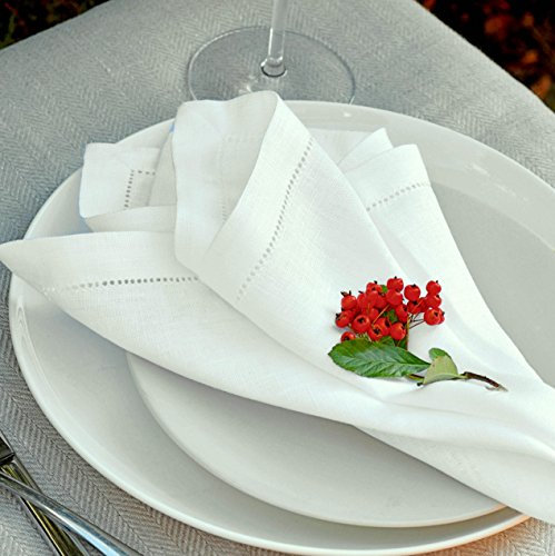 Linen & Cotton 4 x Elegante Festliche Stoffservietten Florence -100% Leinen, Weiß Weiss (43 x 43cm) Servietten Stoff Napkins Leinenservietten für Hochzeit Gastronomie Home Küche Dekoration Restaurant
