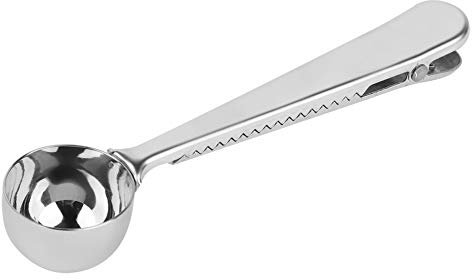 Cuillère à Doser pour Café Moulu,Cuillère à café en INOX, Cuillère doseuse à café,2 en 1 Cuillère à Café de Mesure avec Scelleuse de Sacs Cuillère à Café Poudre de 10g, Acier Inoxydable, 16cm
