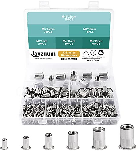 Jayzuum 235 Stück Nietmuttern Sortiment Set, M3 M4 M5 M6 M8 M10 A2-70 Edelstahl Zugnietmutter Rivet nuts Muttern mit Aufbewahrungsbox (breit) (235 Stück Nietmuttern)