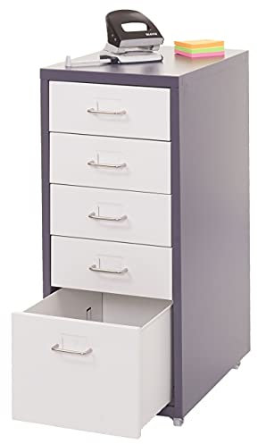 Mendler Rollcontainer Boston T851, Schubladenschrank Stahlschrank, 69x28x41cm 5 Schubladen - dunkelgrau weiß