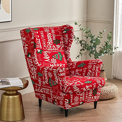 Highdi Funda de Sillón de Orejas Elástica para Strandmon, Funda de Sofá Relax 2 Piezas con Funda de Cojín, Fundas Protector de Butaca para Dormitorio, Recepción, Club (Rojo Navidad)