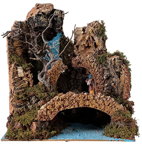 Holyart Krippenszenerie, Wasserfall mit Brücke und Hirten, 25x25x20 cm, für 6 cm Krippe