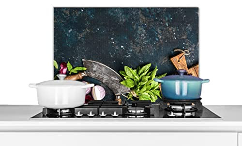 MuchoWow Spritzschutz Küche Küchenrückwand Alu Poster Bilder 70x50 cm Gemüse - Kräuter - Wiegemesser - Zwiebel - Gewürze - Rustikal