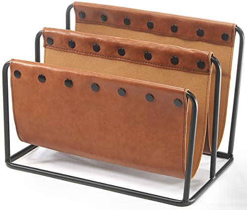 Kobolo Zeitungsständer aus Metall und Kunstleder braun mit Zwei Fächern 38x25x27cm
