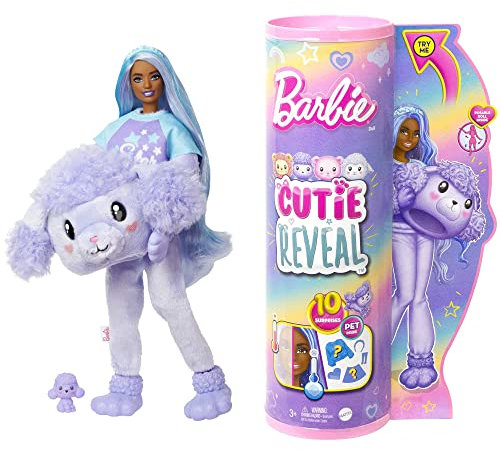 Barbie Cutie Reveal Puppe - Plüschpudel mit 10 Überraschungen, bewegliche Puppe mit zahlreichen Accessoires wie Fleece-Jacke und Körbchen für Mini-Haustier, ab 3 Jahren, HKR05