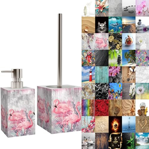 Sanilo Badezimmer Set, Seifenspender und WC Bürste mit Motiv, große Auswahl, Klobürste ohne Bohren, schöne Designs (Flamingo)
