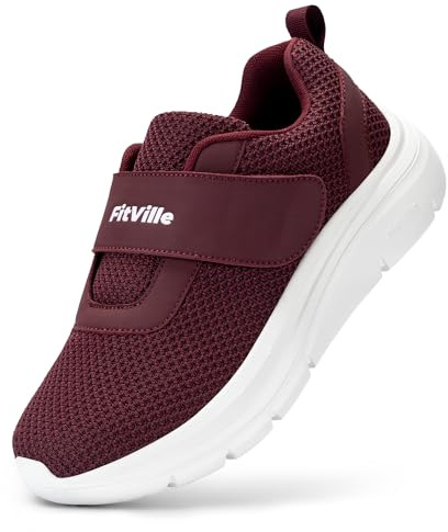 FitVille Women Diabetic Shoes Burgundy Red, Wide Width Walking Shoes for Swollen Feet, Slip-on Sneakers with Adjustable Strap, Lightweight Mesh, 10.5 EE