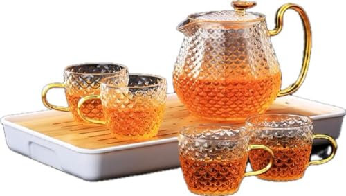 Tetera de vidrio apta para microondas, 600 ml, infusor extraíble y tapa con un juego de 4 vasos, hervidor de té seguro para estufa para preparar té para elevar la experiencia de servir té, regalo para