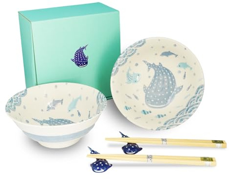 COTONOHA Valhaj Donburi-set, mikrovågsugnssäker skål och elegant ätpinne, valhaj ätpinne, parset i havsinspirerad presentask, för ramen, skålar, risskålar, soppskålar., JG016