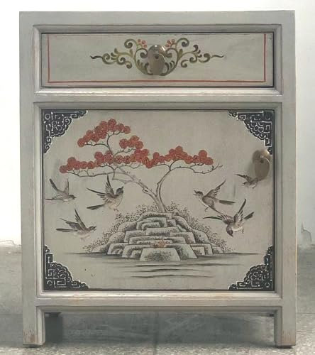 OPIUM OUTLET Furniture Bedside Table Bedside Table Bedside Cabinet Chest of Drawers Vintage Chinese Asian Oriental Hand Painted Wood Fully Assembled (35191-12_L)