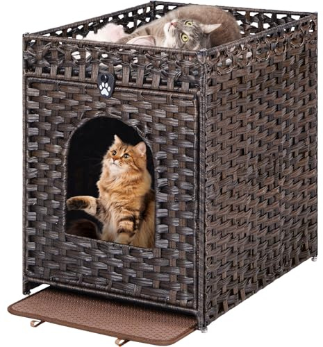 Snughome Katzentoilette mit Katzentoilette, versteckte Katzentoilette, versteckte Katzen-Waschraum-Möbel mit Tür, handgewebte Rattan-Katzen-Waschraumbox, Haustierhaus für Wohnzimmer, Schlafzimmer