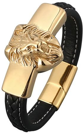 Daesar Partnerarmband Leder Schwarz, Herren Lederarmband Löwe 12MM mit Magnetverschluss Wickelarmband Freundschaftsarmband 21 cm