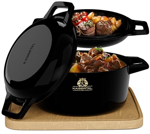 KAISERTAL Emaillierter Gusseisen Topf – 2in1 Bräter mit Deckel 4,8L & Gusspfanne 1,8L – Schmortopf mit Deckel & Gusseisen Bräter – Brotbacktopf Bratentopf Outdoor Induktion Bräterset inkl. Rezeptbuch