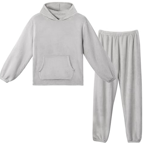 LACOFIA Women Hooded Fleece Pyjamas Sets Adult Pjs Long Sleeve Warm Loungewear Ladies Nightwear Winter Couples Pajamas with Pocket Light Gray XL