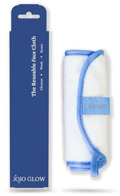 JoJo Glow Reusable Makeup Remover Cloth (Pack of 1), White and Blue – Microfibre Facial Cloths | Sustainable, Cruelty-Free, Chemical-Free Makeup Removal with Water Only