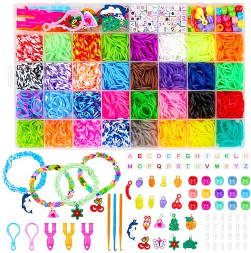 Sofore Elastique Bracelet, 2500+ kits de Bracelets élastiques colorés pour Bracelets à Tisser, kit de 40 Grilles de Bricolage pour Filles, bandes élastiques en Caoutchouc pour filles