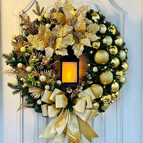 40cm Türkranz Weihnachten, Weihnachtskranz Haustür, Adventskranz Künstlich mit Laterne, Kugeln, Beeren & Schleifen, Türkranz für Weihnachten, Innen & Außen (Gold)