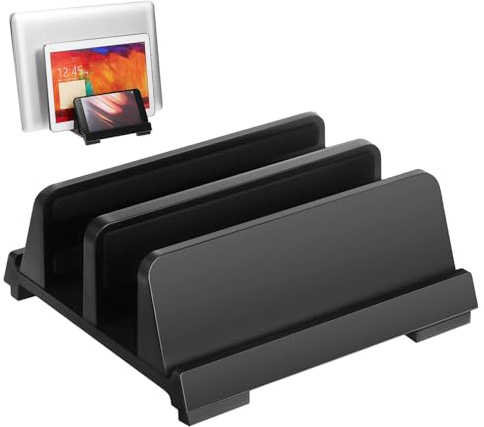 OFFSCH Laptop Vertical Stand Adjustable Dual Slots Desktop Holder Black Laptop Support Organizer for Office and Home Workspace