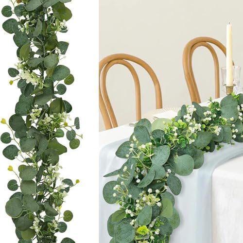 PACIOCEAN 2 Pcs 5.9Ft Artificial Eucalyptus Leaves Garland,Greenery Garland,Faux Eucalyptus Vines,Artificial Greenery Vines for Wedding Arch Backdrop Home Table Indoor Outdoor Decor
