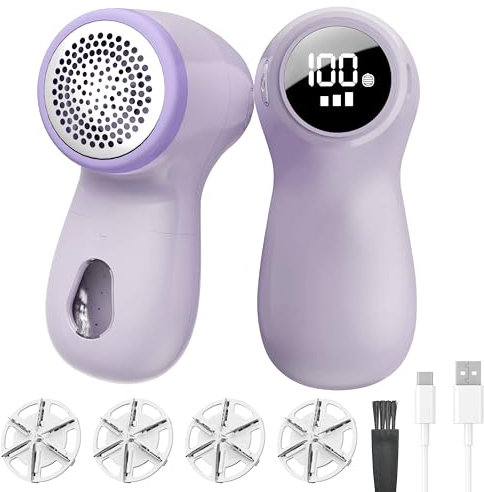 Vexloria Fabric Shaver, Rechargeable Lint Remover with LED Display, 3 Speeds Adjustable Bobble Remover, Five 6-Leaf Blades Debobbler for Clothes and Furniture- purple