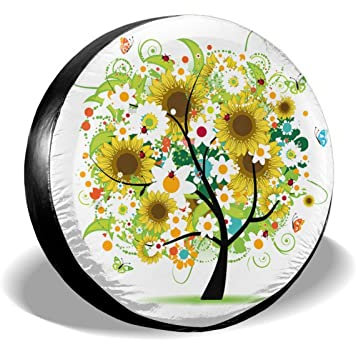 Árbol De La Vida, Girasol Neumático Repuesto Cubierta Proteccion Solar Funda De Llanta De Repuesto Antipolvo Coche Vehículo Rueda Funda Universal para Vehículo Camión Todoterreno 14inch