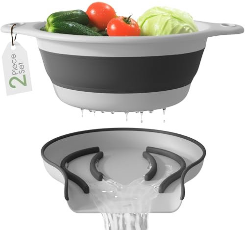 Gevoli Collapsible Colander Strainer, Includes Over-sink Countertop Draining Base (5QT) Large Kitchen Drainer for Vegetables Fruit and Pasta, Round Foldable Draining Basket, Easy Storage (White)